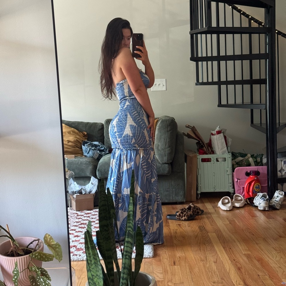 Blue and White Strapless Maxi Dress